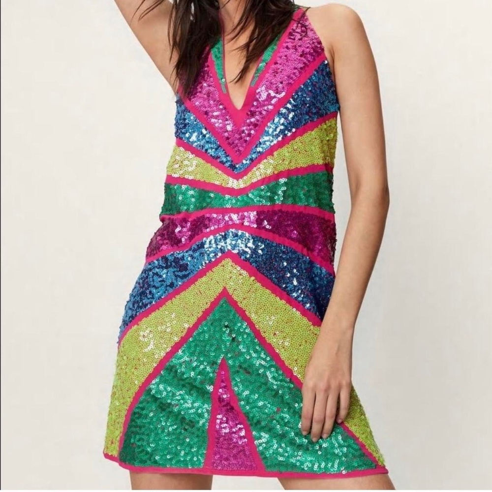 NASTY GAL Women's Sequin Color Block Plunge Mini Dress Size 4